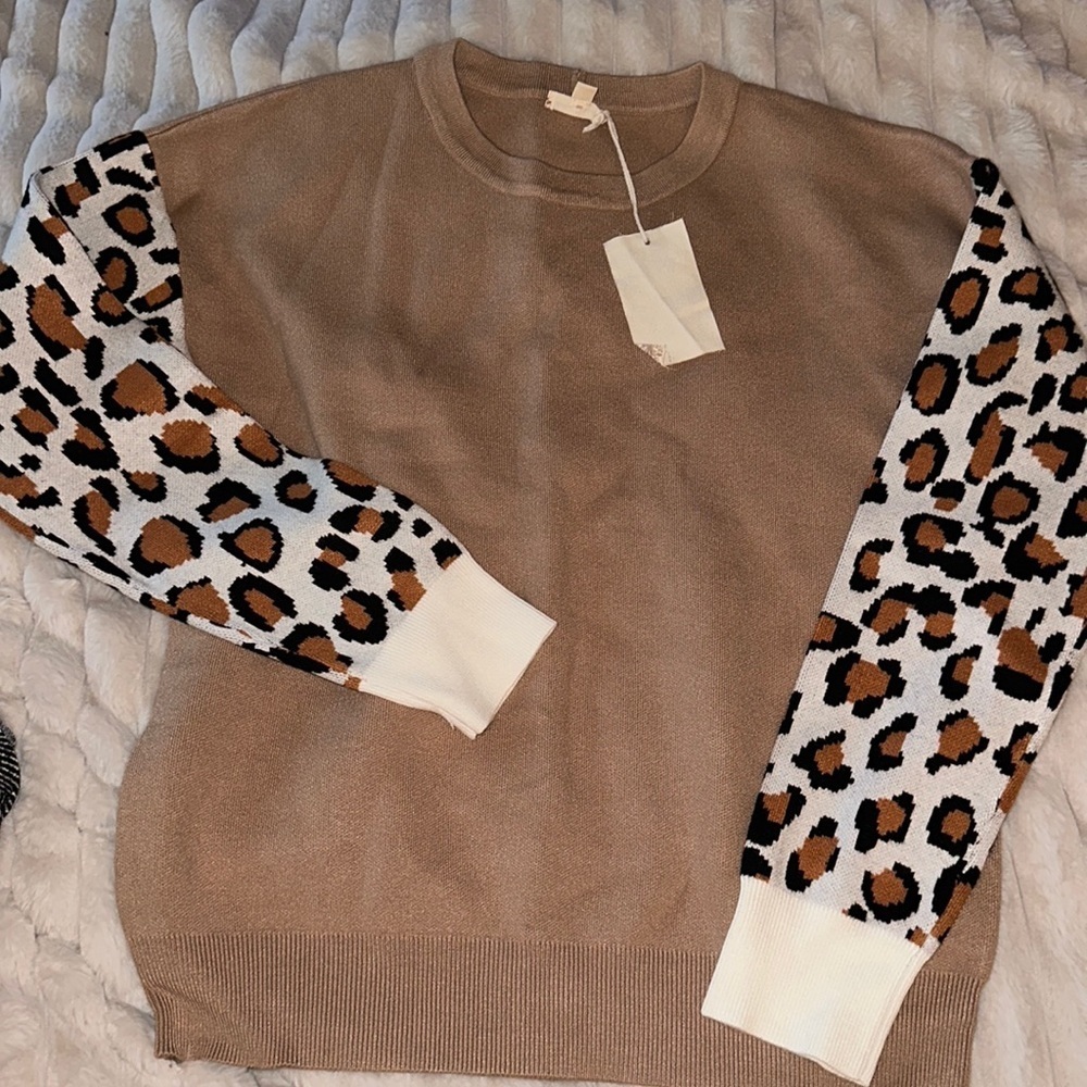 Size small, taupe, long sleeve sweater with leopard sleeve detail